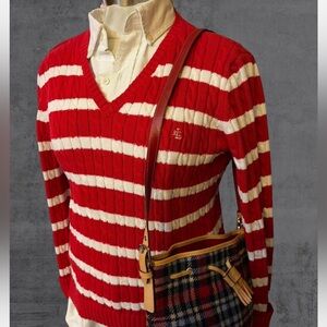 Ralph Lauren V Neck Cableknit Red White Striped Preppy Cotton Sweater